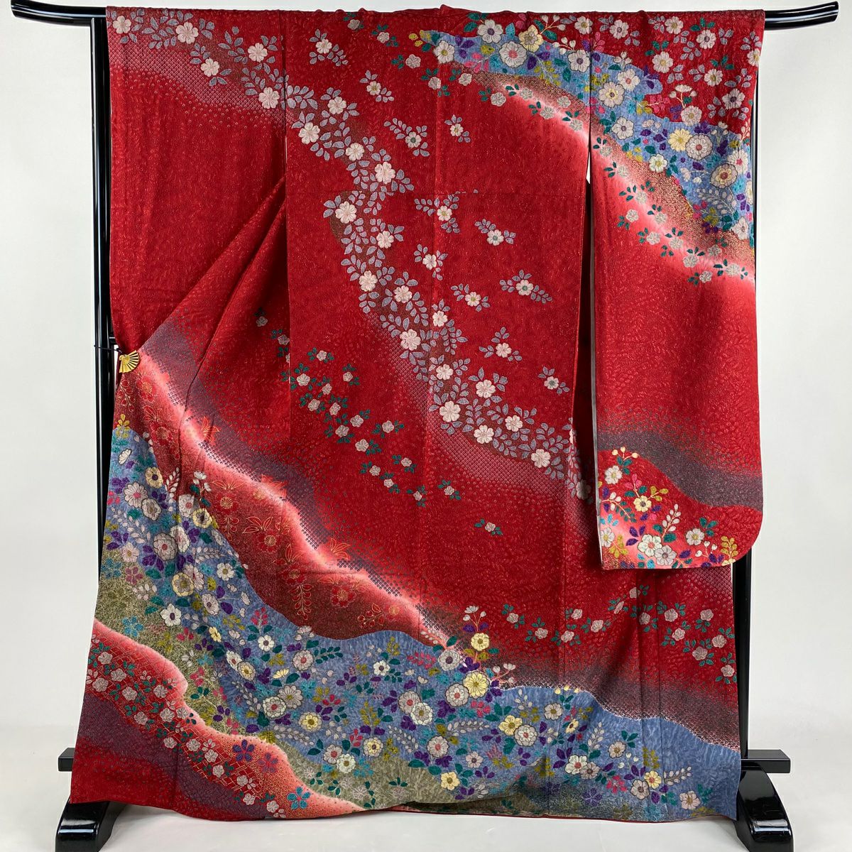 振袖 身丈157.5cm 裄丈63cm S 袷 鞠 草花 金通し 金銀彩 赤 正絹 名品  