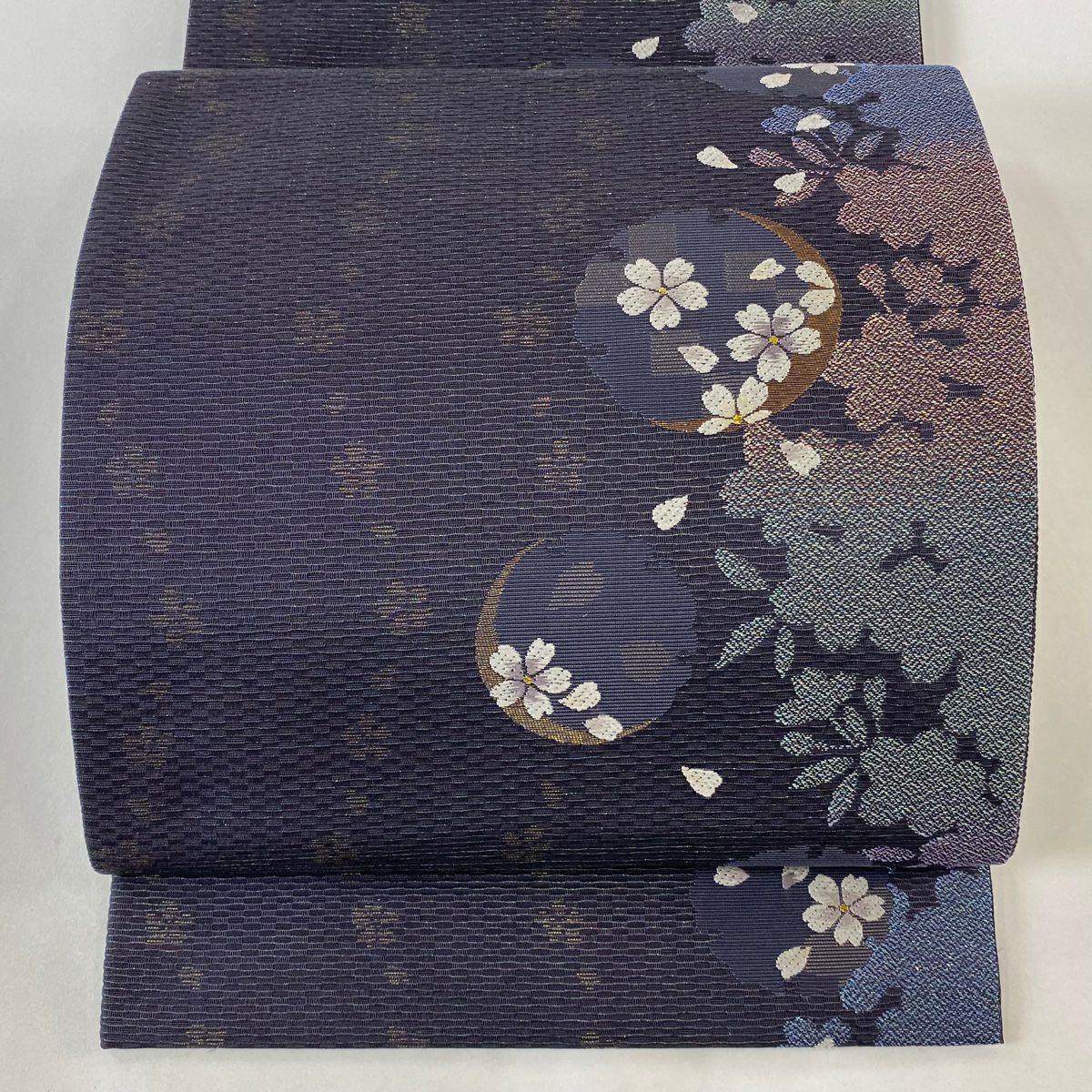 袋帯 美品 秀品 やまと 雪輪 桜 金糸 箔 濃紫 六通 正絹｜中古