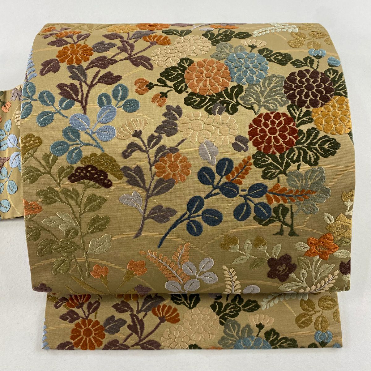 袋帯 美品 秀品 鴛鴦 桜 唐織 箔 茶緑色 六通 正絹｜中古・古着