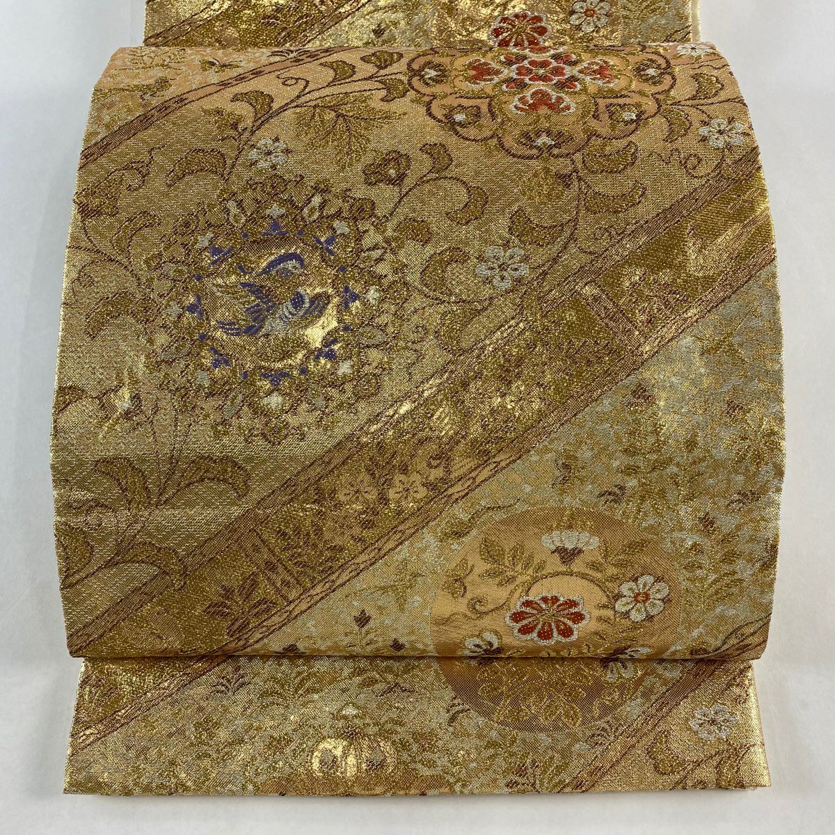 袋帯 美品 秀品 蒔絵四季文 花鳥 本金箔 金糸 金色 六通 正絹