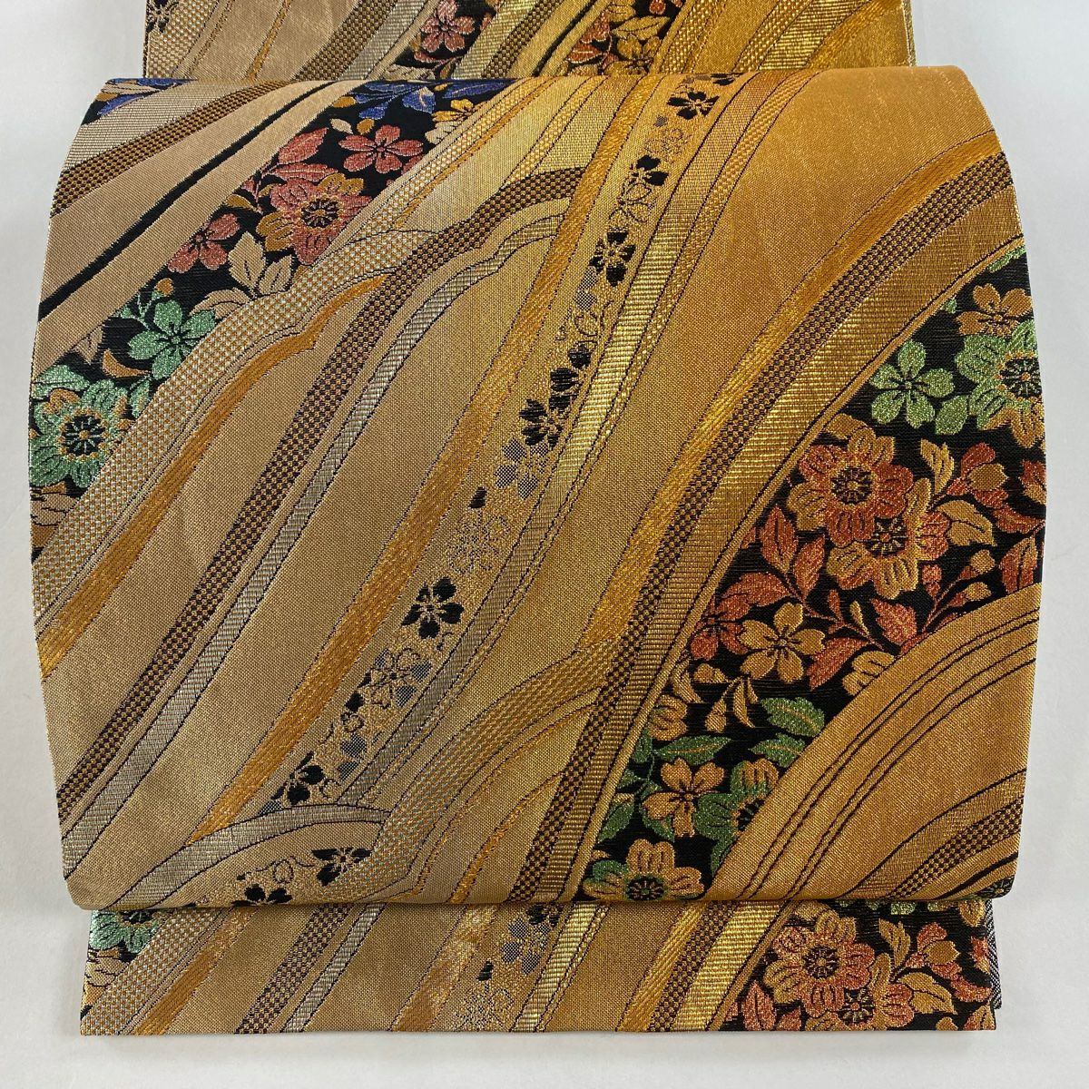 袋帯 秀品 夏帯 絽 菊唐草 金糸 箔 クリーム 六通 正絹 中古