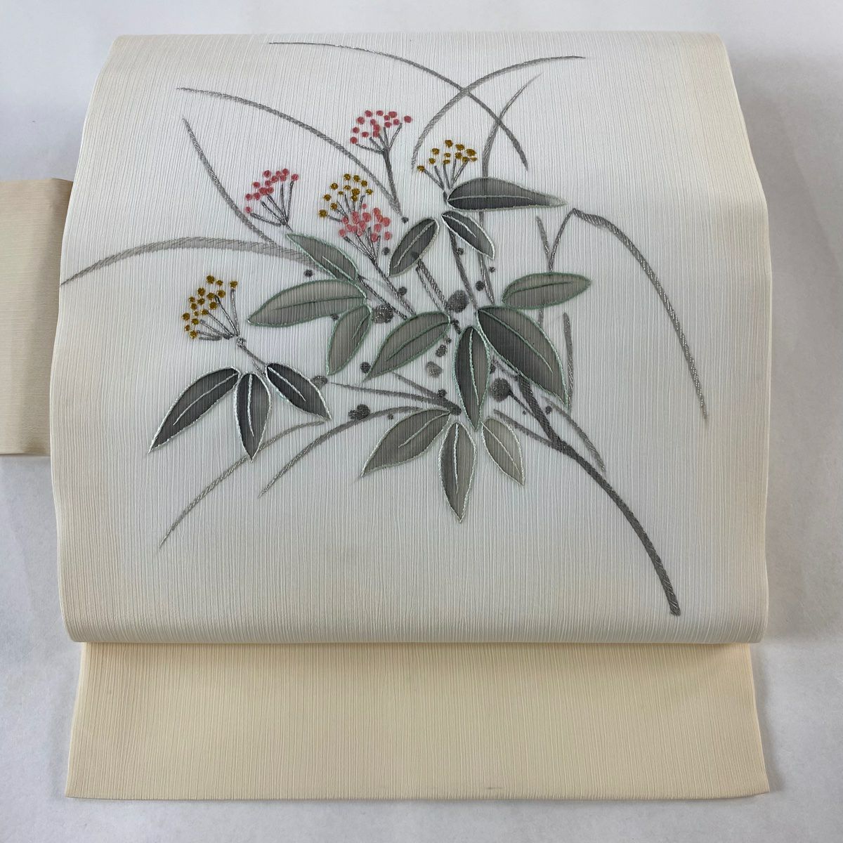 袋帯 美品 秀品 鶴 菊 クリーム 六通 正絹｜中古・古着