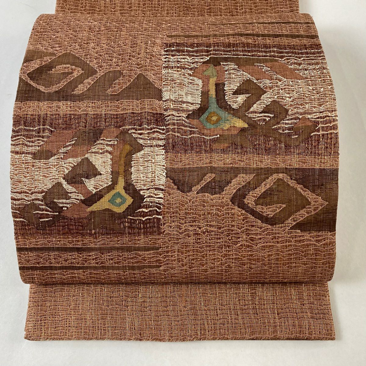 袋帯 秀品 華文 花鳥 金銀彩 汕頭刺繍 赤茶 お太鼓柄 正絹｜中古