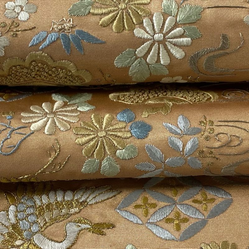 袋帯 逸品 松竹梅 鶴 刺繍 金糸 薄オレンジ 六通 正絹｜中古