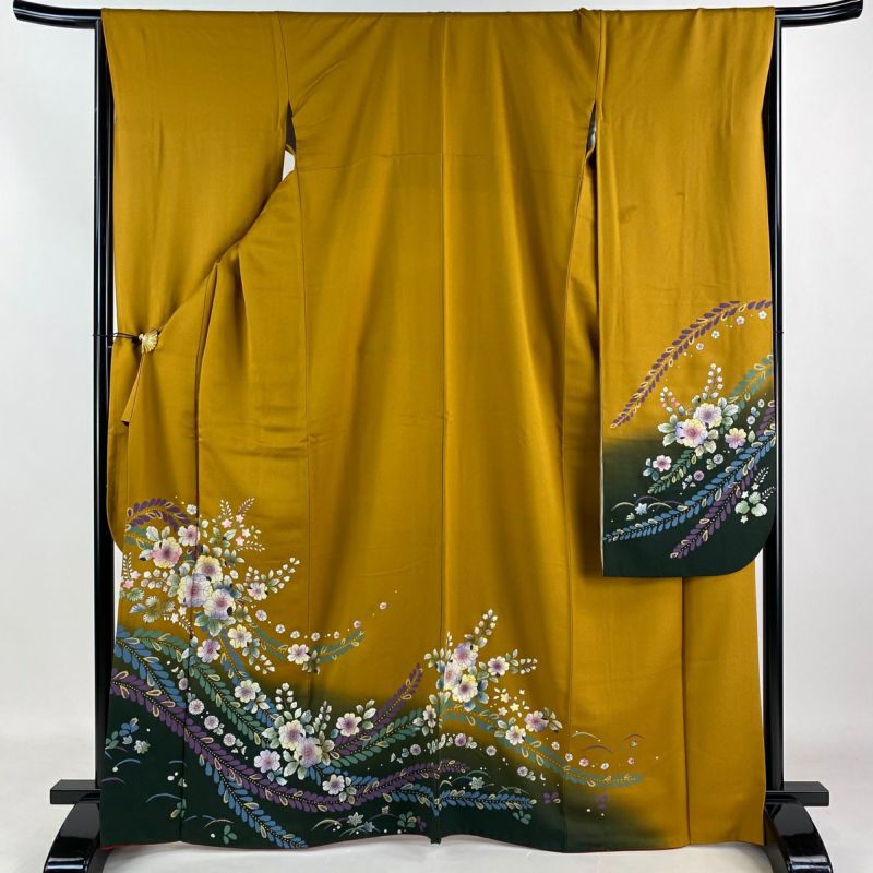 振袖 身丈167cm 裄丈66.5cm M 袷 草花 染め分け ぼかし 山吹茶色 正絹 秀品|中古・古着・リサイクル着物通販|バイセル オンライン