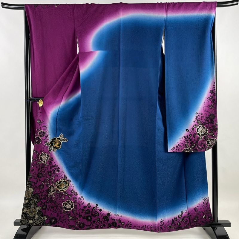 70%OFF 振袖 身丈161.5cm 裄丈64.5cm M 袷 やまと 草花 金銀糸 箔 紫 