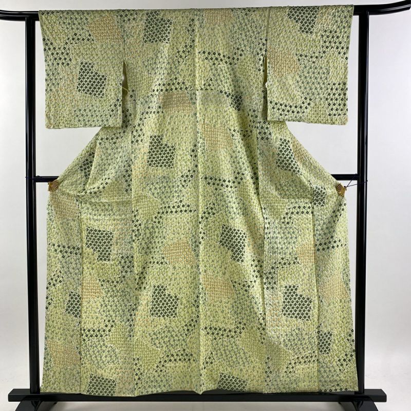 小紋 身丈157cm 裄丈61.5cm S 袷 幾何学模様 総絞り 薄緑 正絹 美品 