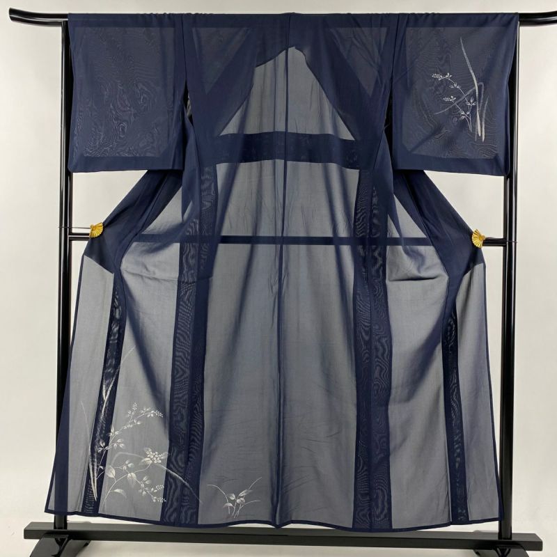 付下げ 身丈155cm 裄丈66cm M 薄物 草花 紺色 正絹 秀品｜中古