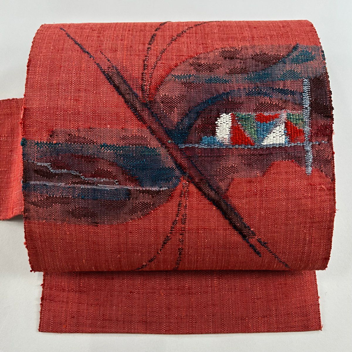 紬地　抽象花模様　金箔　袋帯　着物　014t セミアンティーク 袋帯 花模様 抽象花 金糸 カラフル 黒地 着物