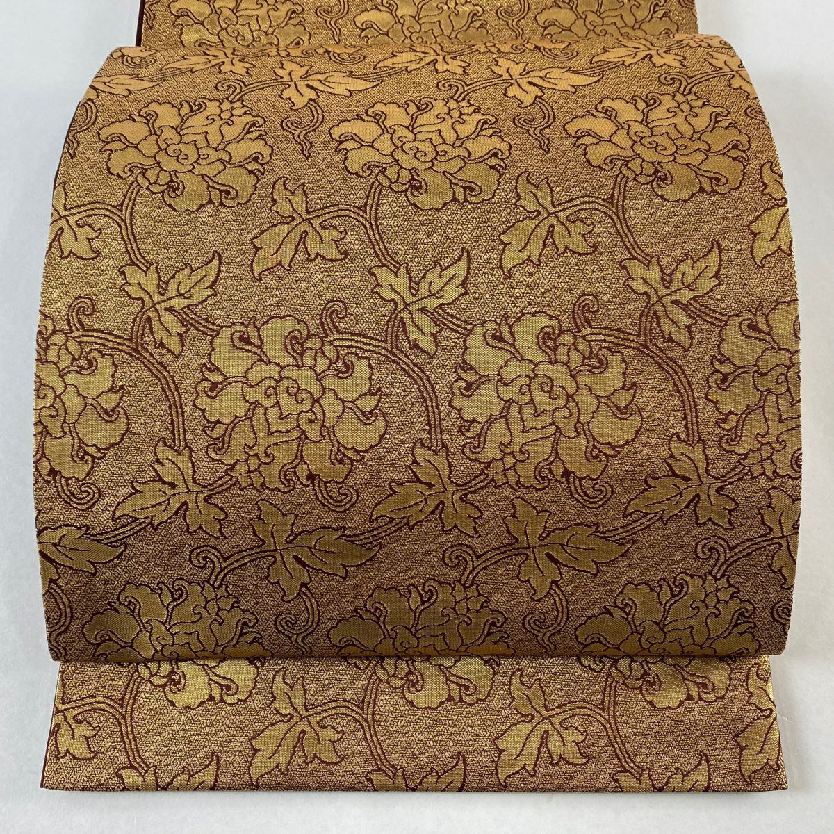 袋帯 逸品 龍村晋 落款 縞 菱 箔 鶯色 全通 正絹 【中古】