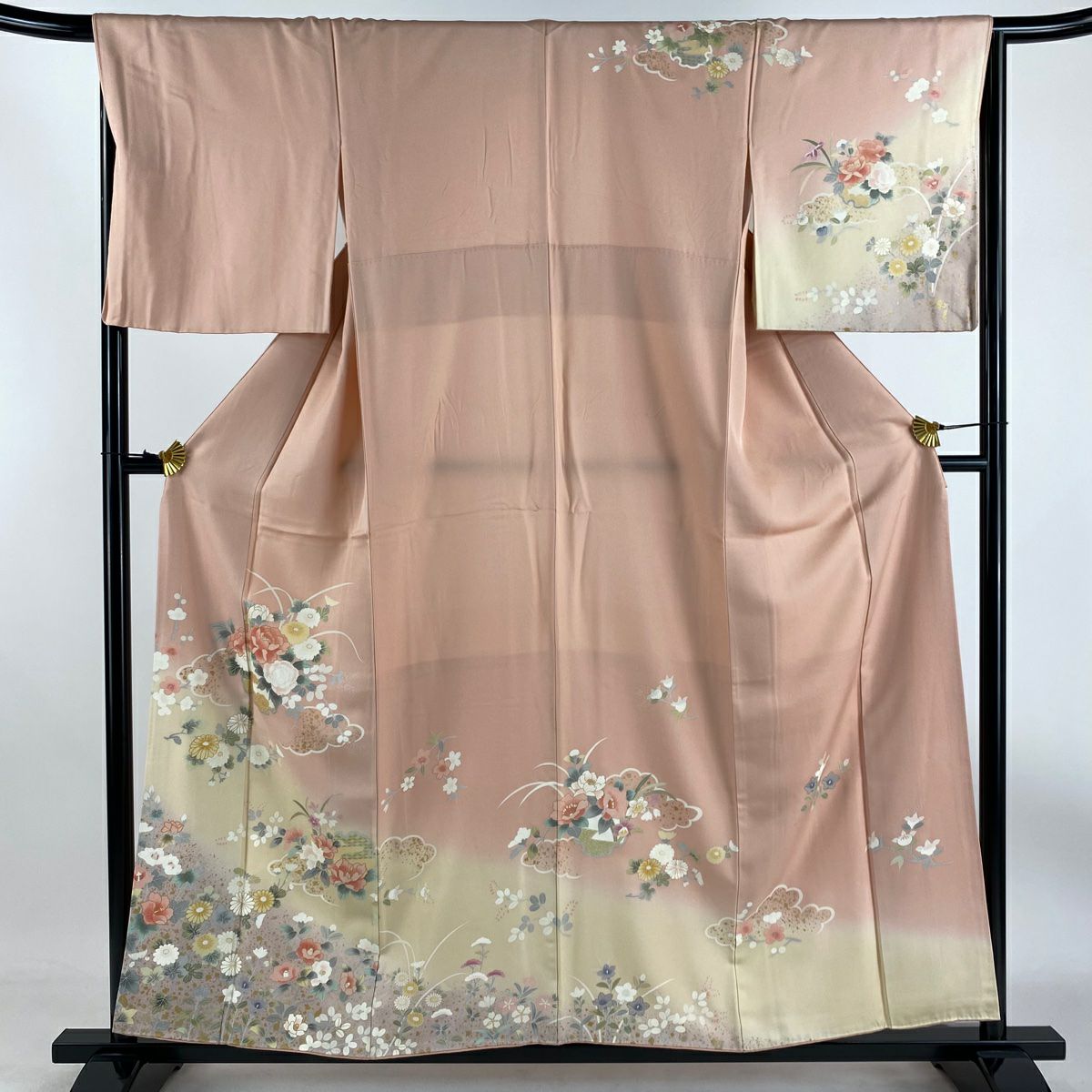 訪問着 身丈157cm 裄丈64cm M 袷 草花 牡丹 金彩 ピンク 正絹 秀