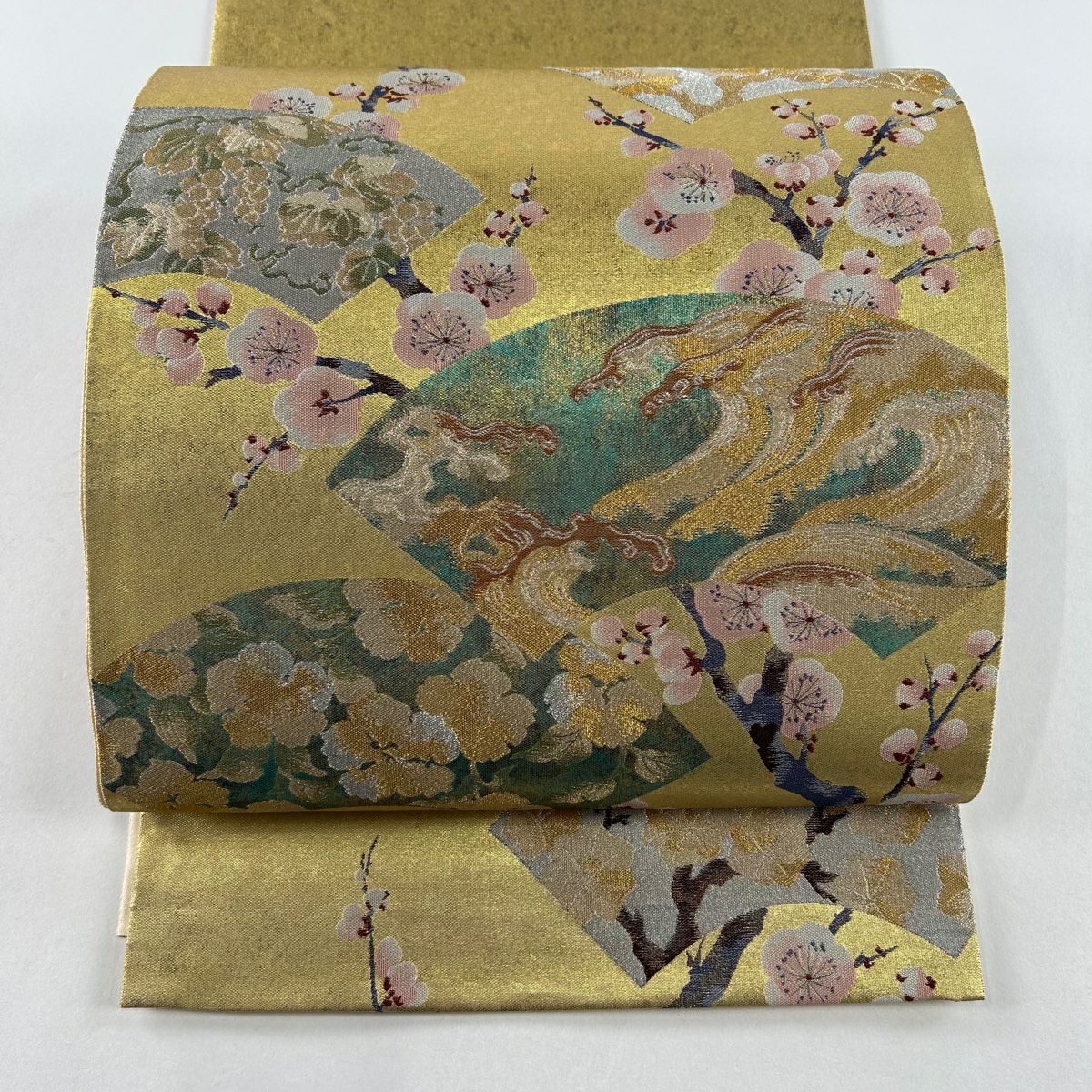 袋帯 美品 名品 夏帯 絽 波 金銀糸 ベージュ お太鼓柄 正絹 中古